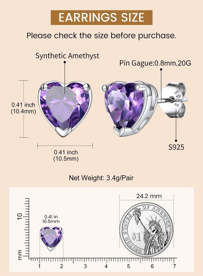 KeyStyle Amethyst Birthstone Earrings for Women,Heart Stud Earrings with 925 Sterling Silver Posts & Push Backs,8mm/2 Carat Cubic Zirconia Stud Earrings,Birthday Party Gifts Birthday Jewelry - Image 4